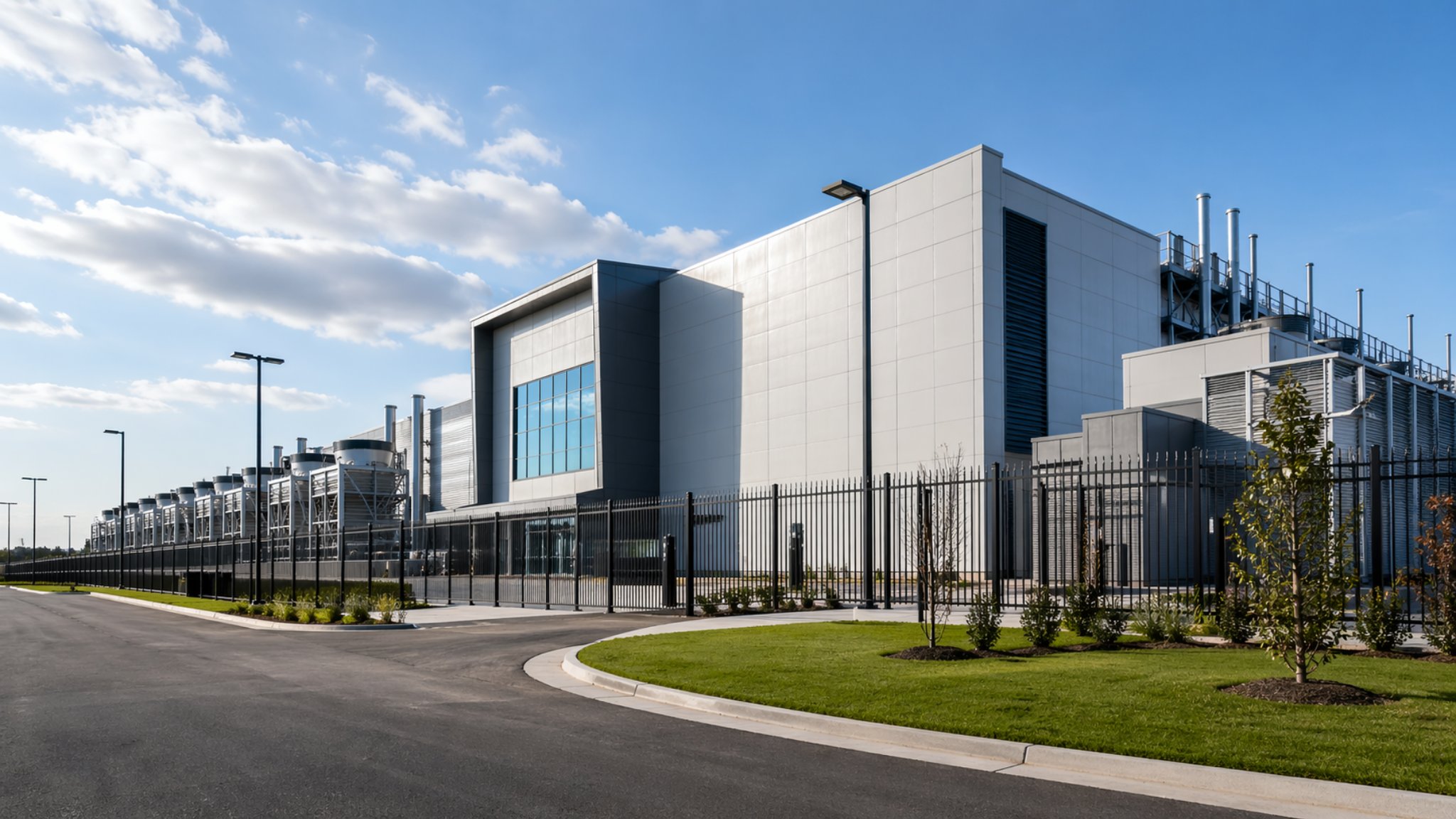 Hyperscale AI data center campus with cooling towers