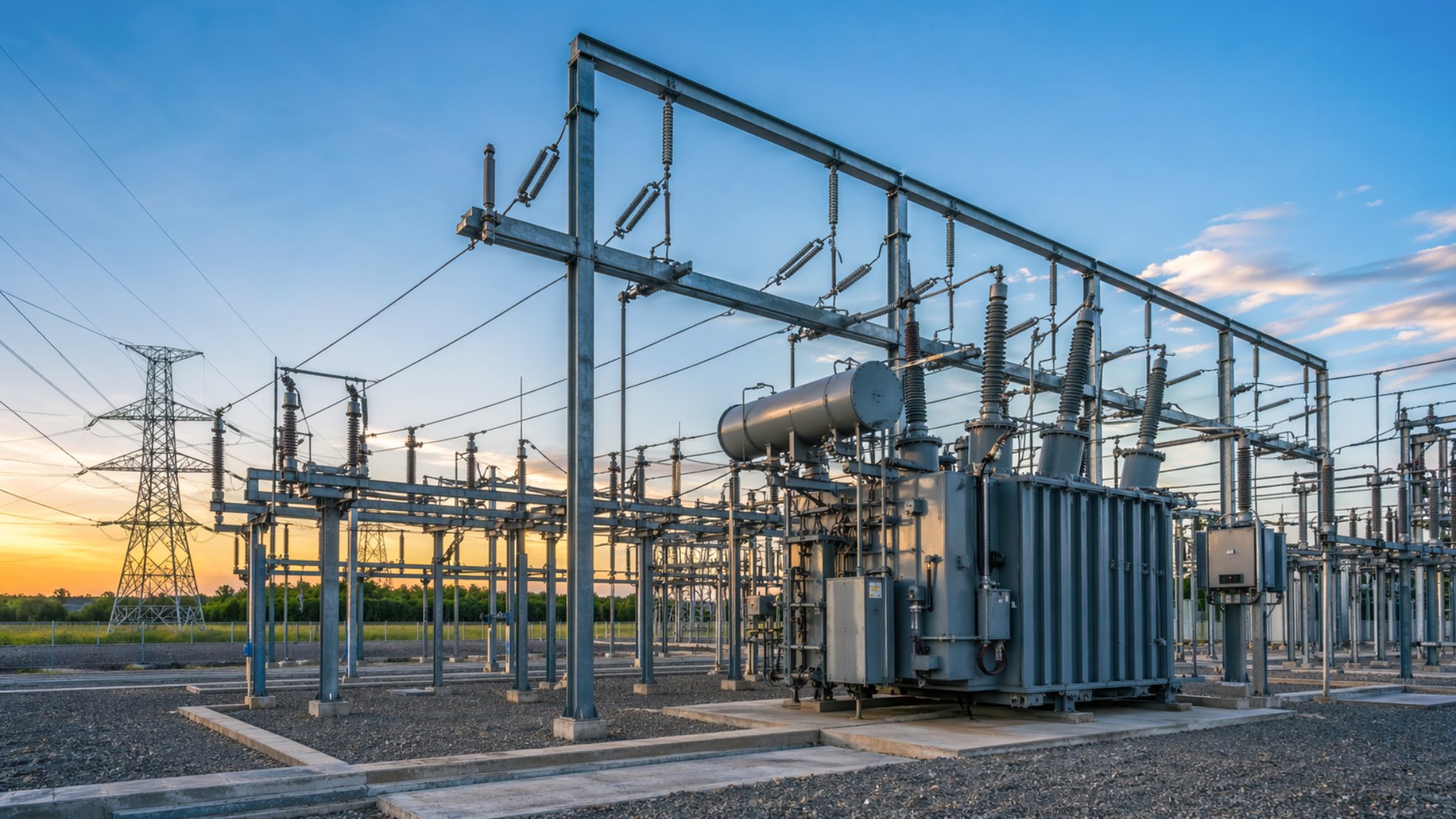 High-voltage substation and transmission towers at sunset