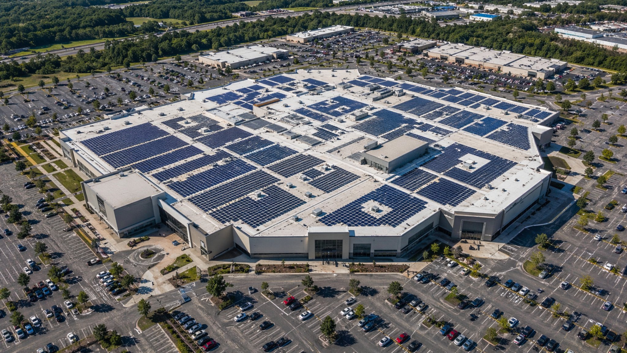 Aerial view of retail mall covered in rooftop solar panels